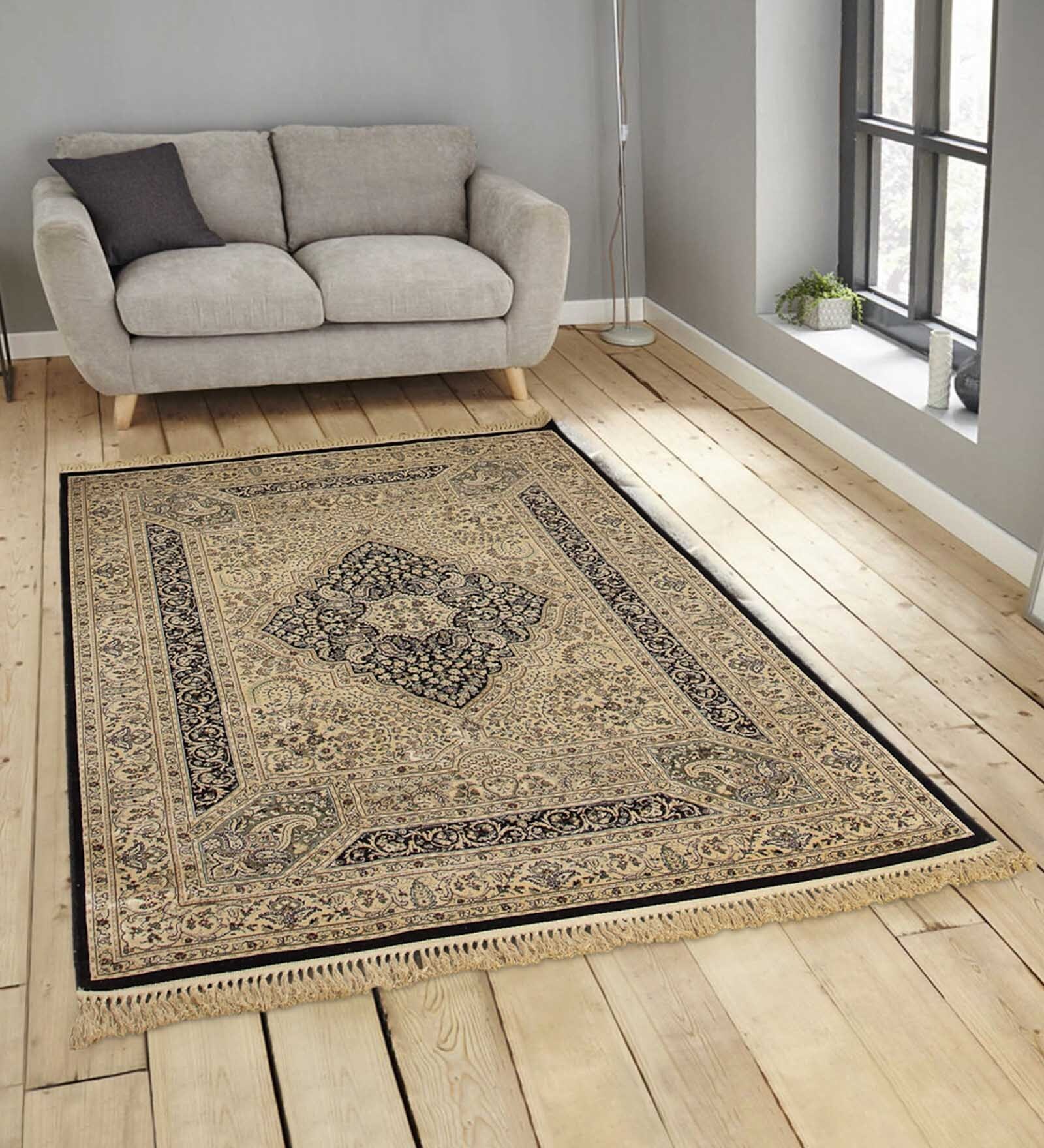 Beige Persian Viscose 5 ft x 7 ft Machine Made Carpet