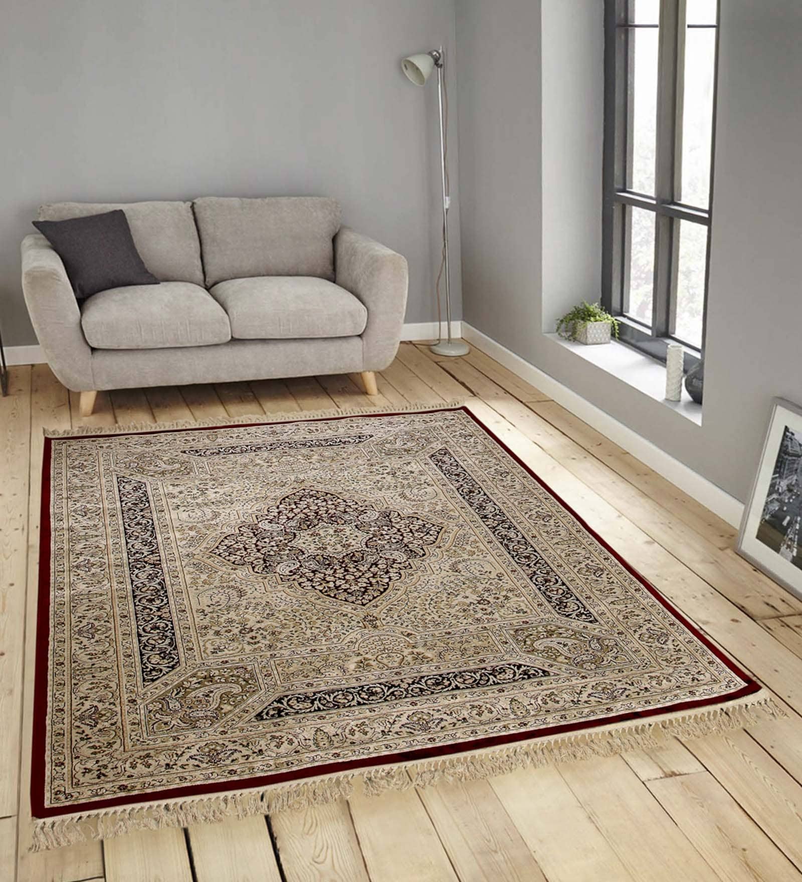 Beige Persian Viscose 5 ft x 7 ft Machine Made Carpet