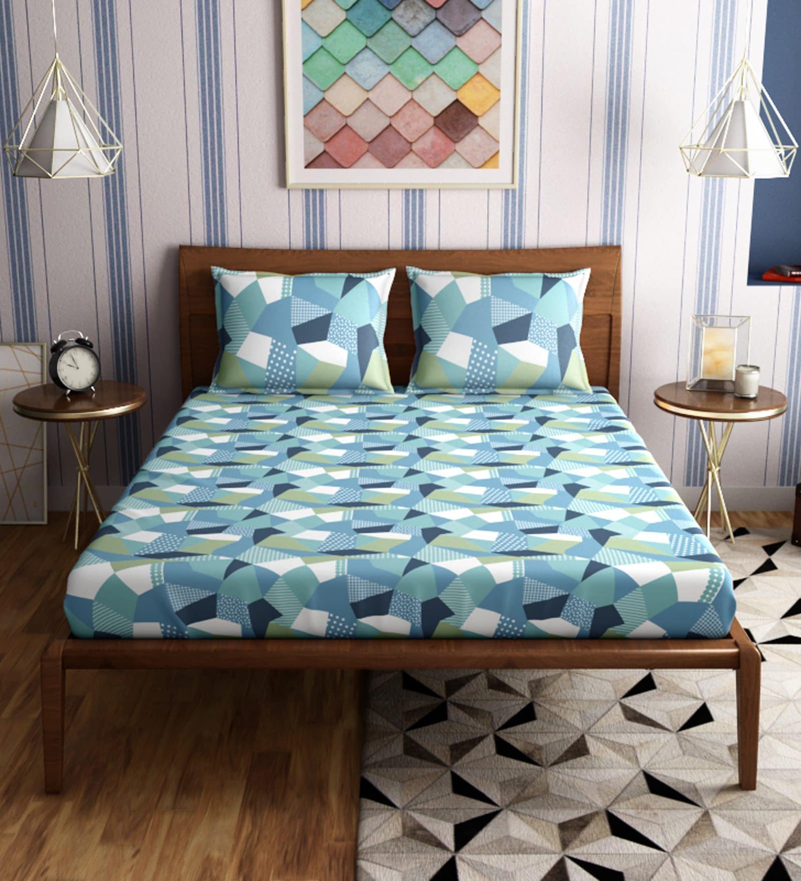 Blue Abstract 300 TC 100% Cotton Queen Sized Bed Sheets with 2 Pillow Covers