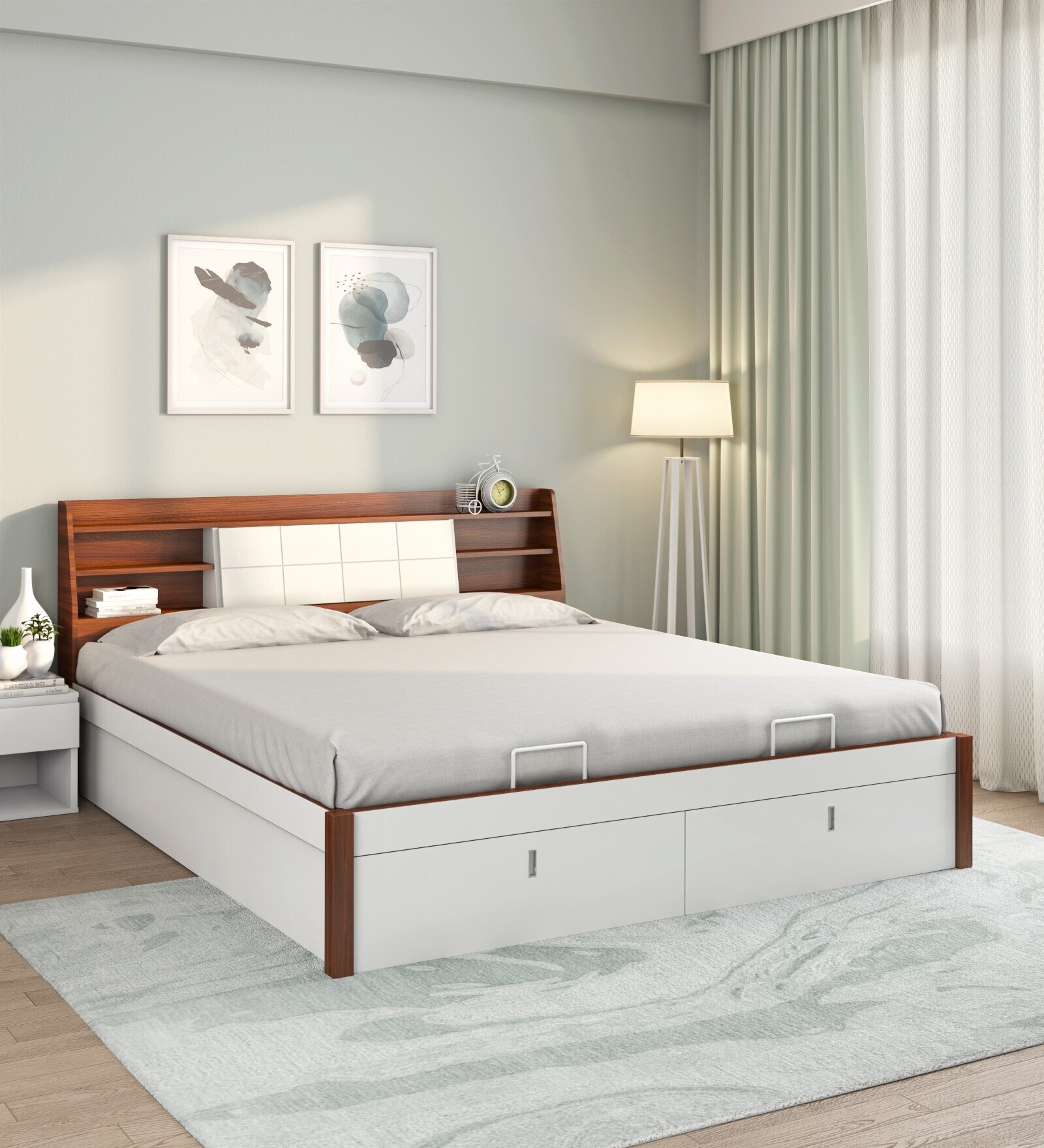 Ornate Premier Queen Size Bed in Walnut Finish with Hydraulic Storage