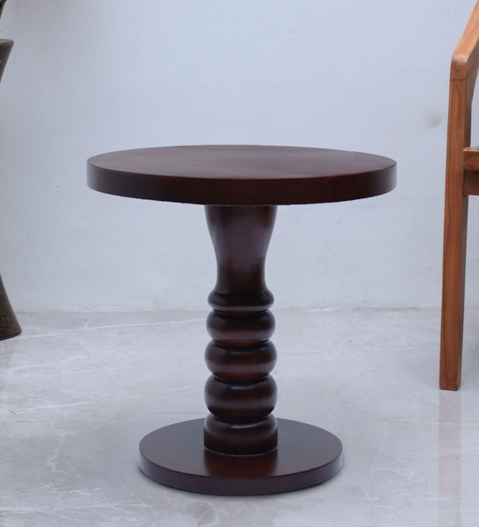 Ornate Teak Wood End Table In Brown Colour