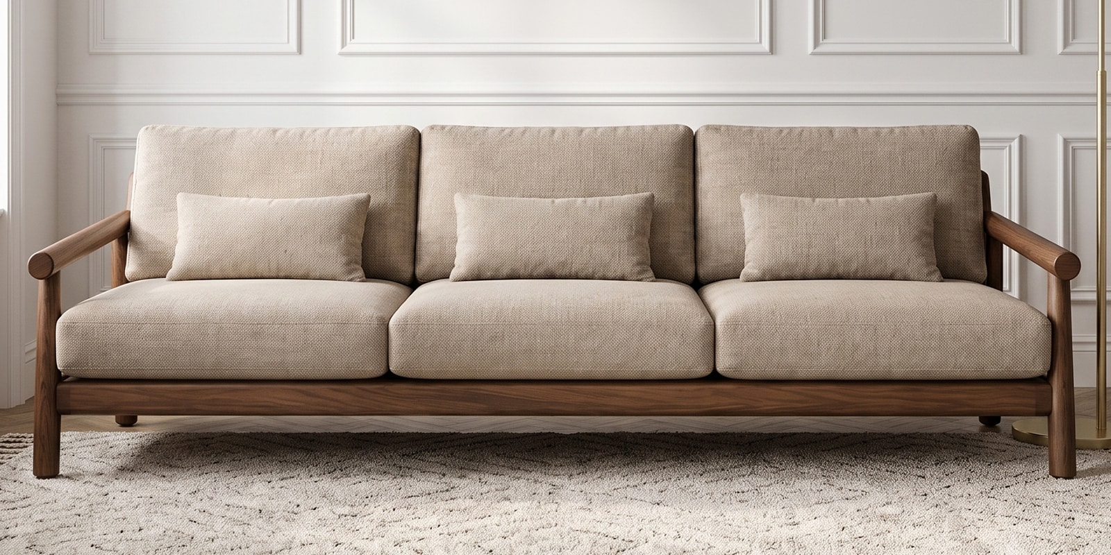 Orsen Sculpted Wood 3 Seater Sofa In Beige Colour