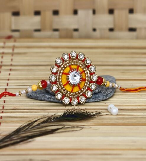 Orange & Red Designer Kundan Rakhi with Roli Chawal Pack