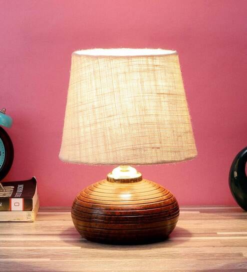 Orange & White Fabric Shade Table Lamp With Brown Base By Foziq