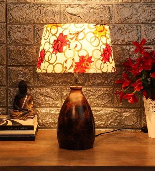 Amalia Orange & White Fabric Shade Night Lamp With Mango wood Base By Foziq