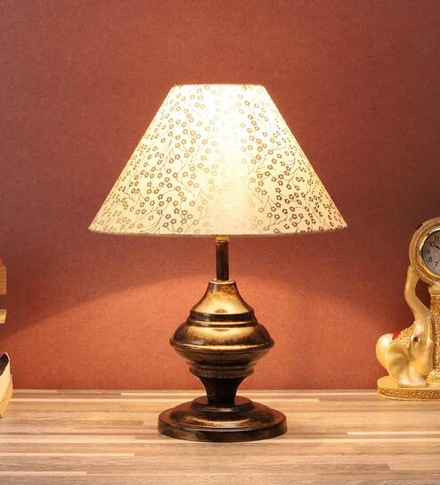Orange & White Fabric Shade Table Lamp With Copper Base By Foziq