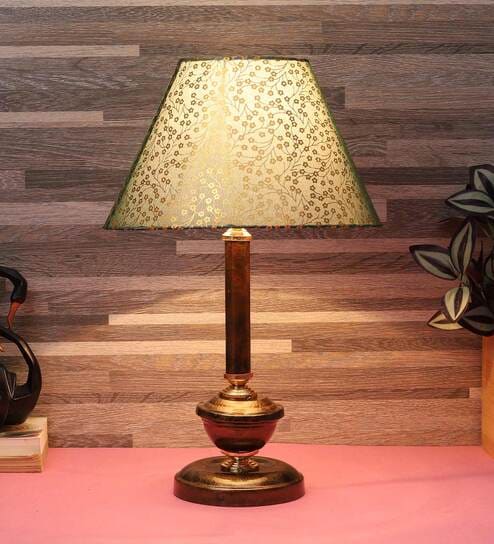 Orange & White Fabric Shade Table Lamp With Copper Base By Foziq