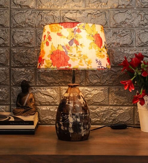 Orange & White Fabric Shade Table Lamp with White and Brown Base by Foziq