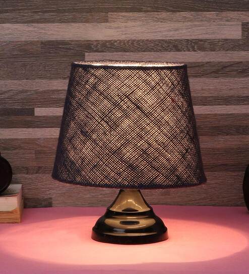 Orange & White Natural Fiber Shade Table Lamp With Black Base By Foziq