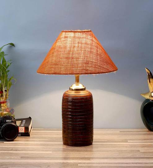 Orange & White Natural Fiber Shade Table Lamp With Brown Base By Foziq
