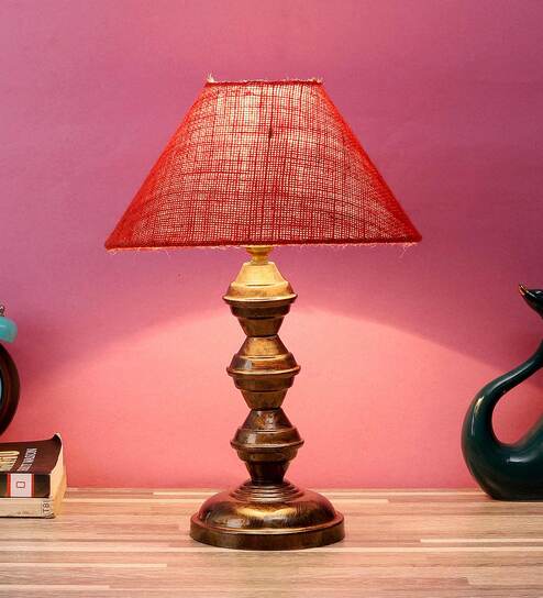 Orange & White Natural Fiber Shade Table Lamp With Copper Base By Foziq