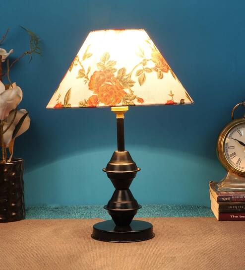 Orange & White Shade Table Lamp With Black Metal Base by Foziq