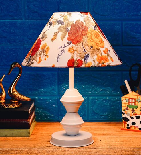 Orange & White Shade Table Lamp With Metal Base By Foziq