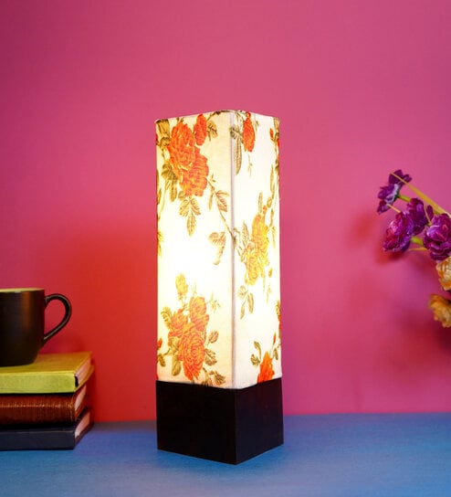 Inspired Orange & White Fabric Shade Table Lamp With Wood Base