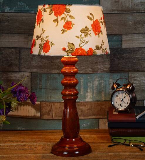 Nirvana Orange & White Fabric Shade Night Lamp With Wood Base By BrightDaisy