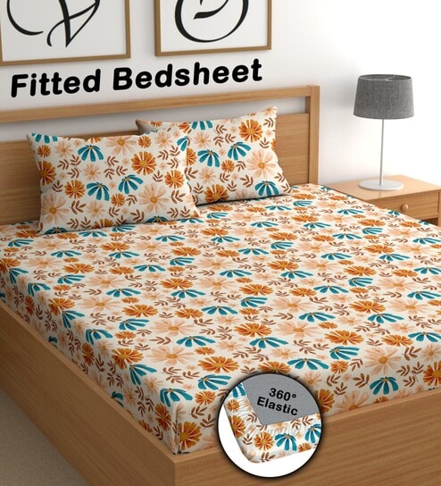Orange 180 TC Floral Cotton Fitted Double Bedsheet 2 Pillow covers