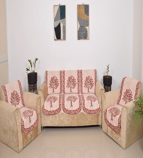 Orange 5 Seater Floral 10Pcs Sofa Covers