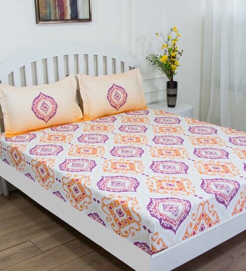 Orange Traditional 144 TC Cotton Queen Sized Bed Sheets with 2 Pillow Covers by GM Fabrics
