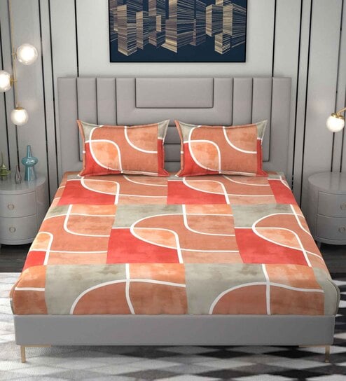 Orange Abstract 220 TC Microfiber King Size Fitted Bedsheet With 2 Pillow Covers