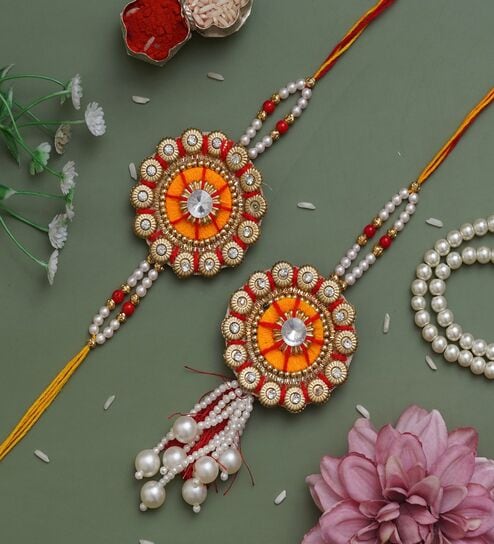 Orange and Red Floral Pearls, Designer Bhaiya Bhabhi Rakhi Set with Roli Chawal Pack