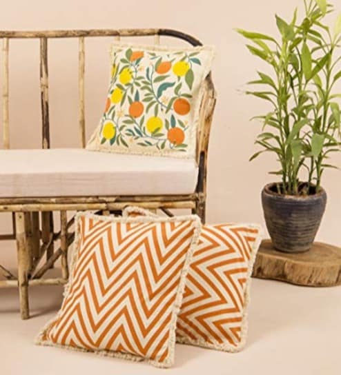 Orange Floral Blended Cotton 16 x 16 Inches Cushion Covers (Set of 3)