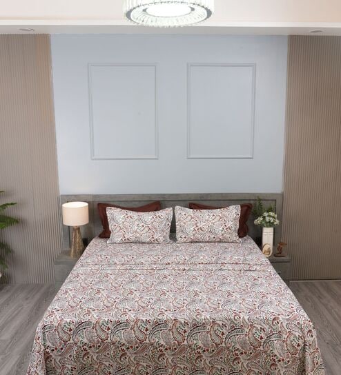 Orange Bohemian Paisley Design 210 TC 100% Cotton Superking Bedsheet with 2 Pillow Covers