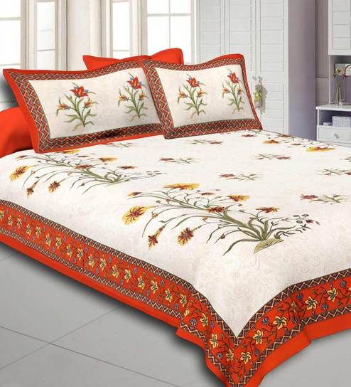 Orange Floral 300 TC Cotton 1 Double Bedsheet with 2 Pillow Covers by Jaipur Fabric