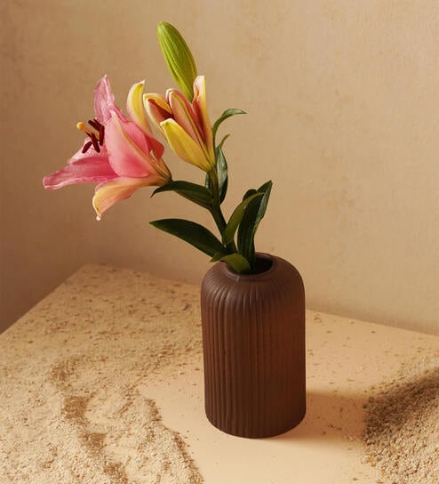 Brown Ceramic Ribbed Vase (1 Pc)