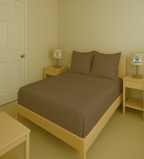 Brown Cotton 300TC 2CM Striped Super King Bedsheet with 2 Pillow Covers