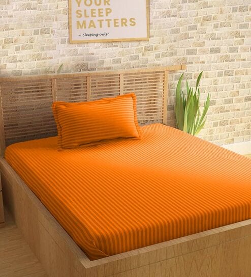 Orange Cotton 210TC Striped Single Bedsheet with 1 Pillow Cover