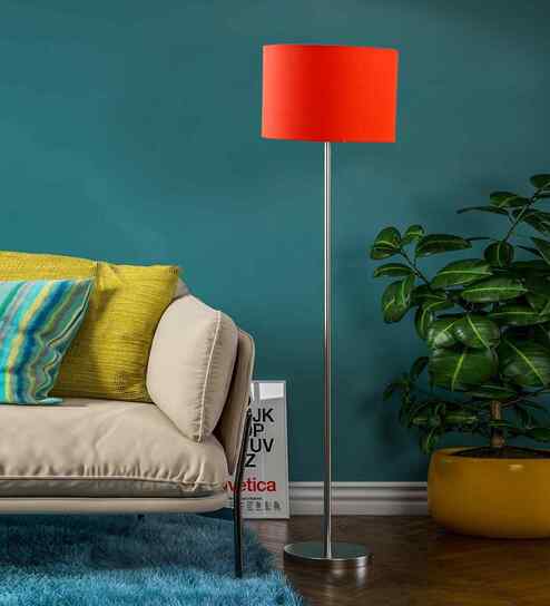 Orange Cotton Drum Shade Steel Floor Lamp Steel Base