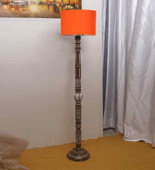 Orange Cotton Drum Wooden Floor Lamp