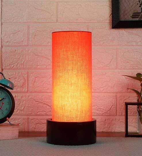 Orange Cotton Fabric Shade Table Lamp With Wood Base By New Era