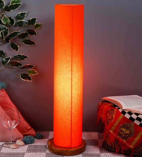 Lecce Orange Cotton Shade Column Floor Lamp With Wood Base By New Era