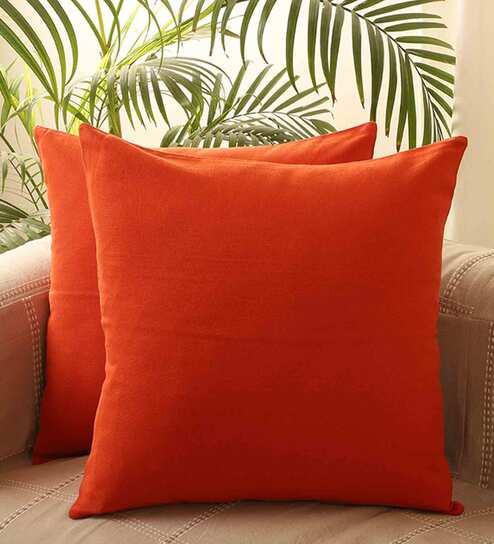 Orange Solid Cotton 16 x 16 Inches Cushion Covers (Set of 2)