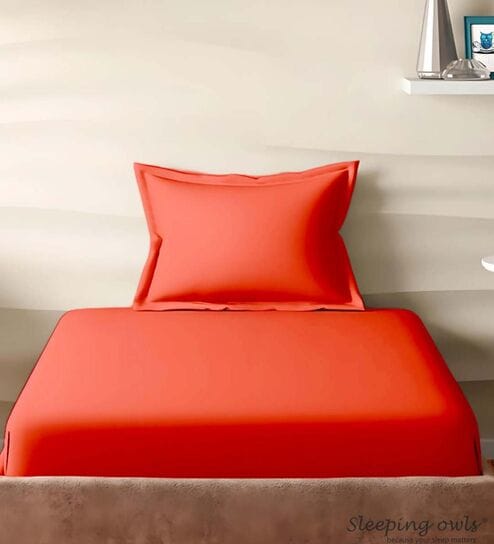 Orange Cotton Solid 210TC Plain Single Bedsheet with 1 Pillow Cover