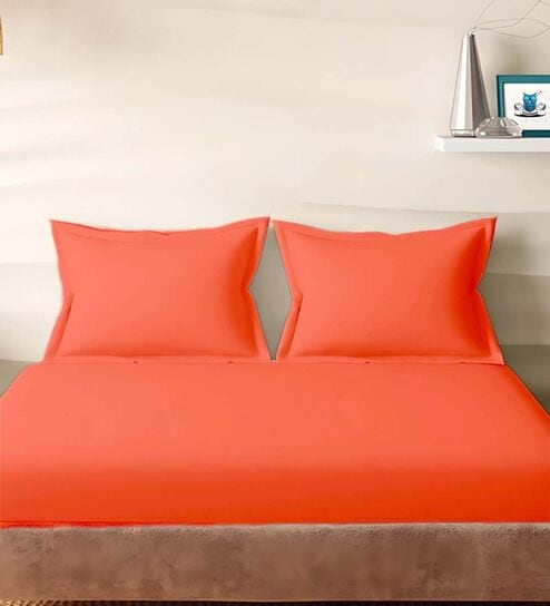 Orange Cotton Solid 210TC Plain Super King Bedsheet with 2 Pillow Covers