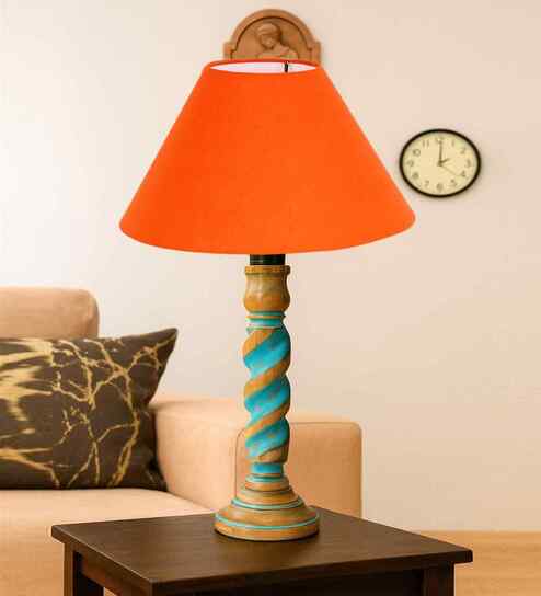 Orange Cotton Table Lamp With  Wood  Base -10X19 Inches