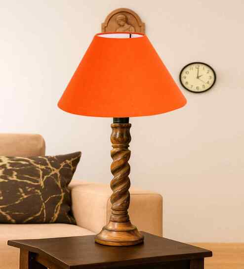 Orange Cotton Table Lamp With  Wood  Base -10X19 Inches