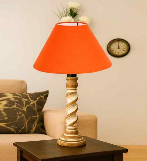 Orange Cotton Table Lamp With  Wood  Base -10X19 Inches