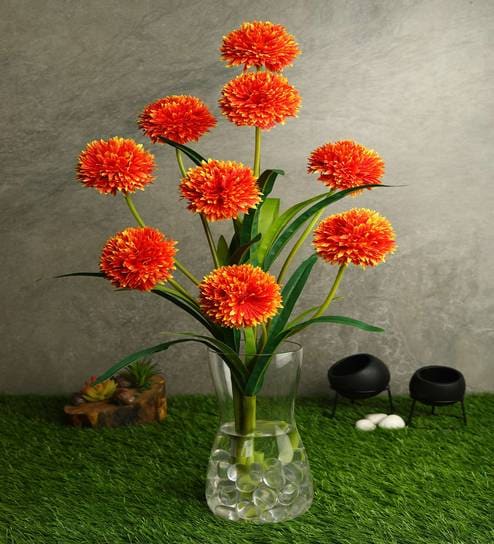 Orange Fabric Decorative Artificial BallMum Flowers Set of 3