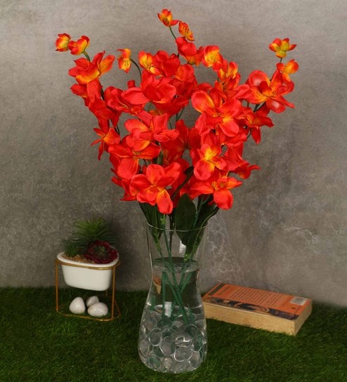 Orange Fabric Orchid Artificial Flower Pack of 5