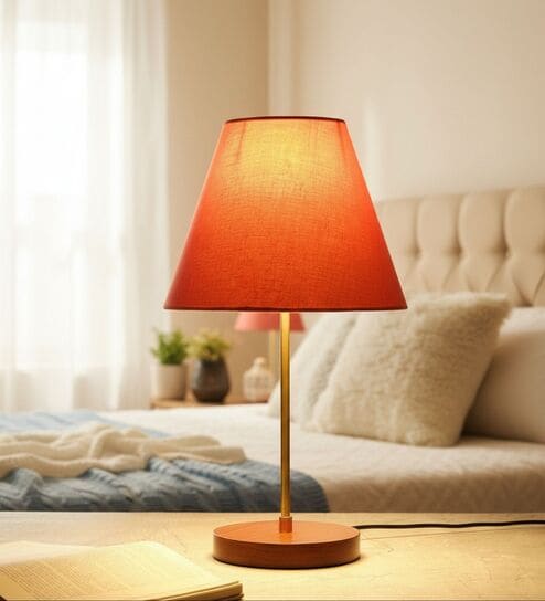 Orange Fabric Shade Table Lamp, Brown Wooden Base Bedside & Desk Light for Bedroom, Living Room & Home Decor