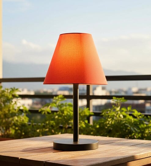 Orange Fabric Shade Table Lamp, Minimalist Bedside Lamp with Metal Base for Bedroom, Living Room & Study