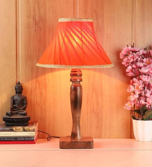 Centaur Orange Fabric Shade Night Lamp With Mango wood Base By Foziq