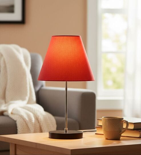 Orange Fabric Shade with Modern Silver & Black Table Lamp for Bedroom & Living Room