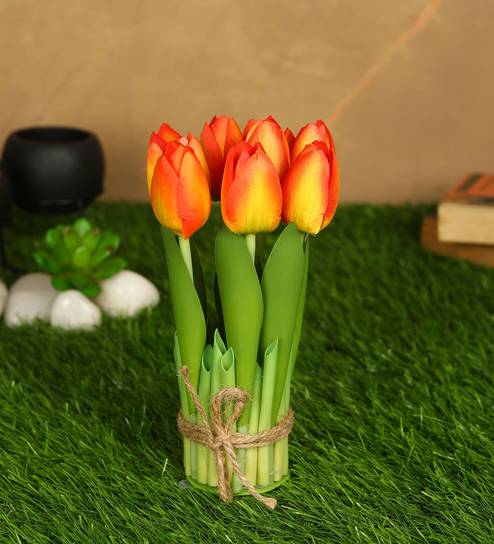 Orange Fabric Stunning Artificial Tulip Flower Bunch with Base