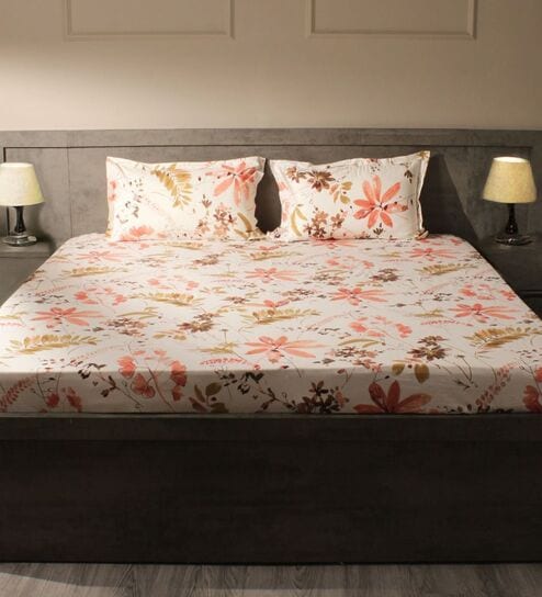 Orange Floral 144 TC 100% Cotton Double Bedsheet with 2 Pillow Covers