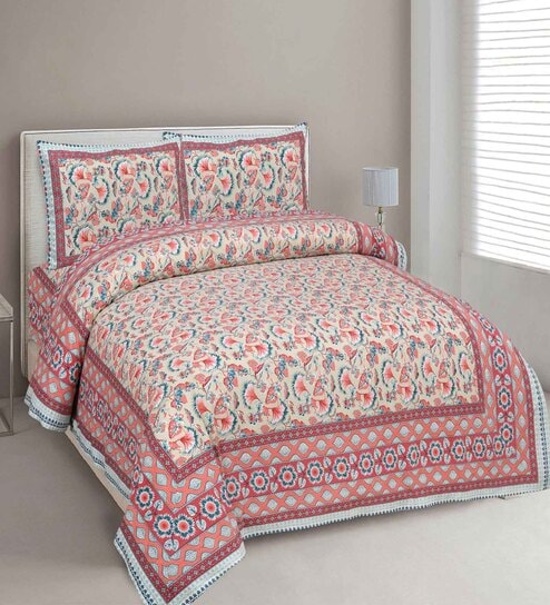 Orange Floral 144 TC Cotton King Bedsheet and 2 Pillow Cover by UniqChoice