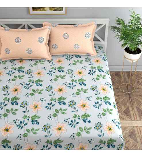 Orange Floral 144 TC Cotton King Fitted Bedsheet Bedsheet 2 Pillow Prime Collection